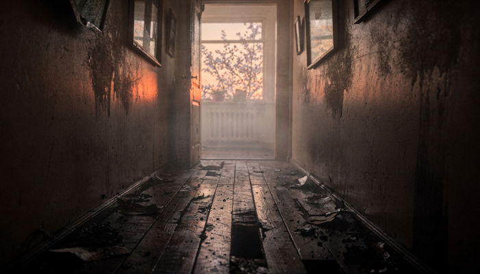 A house with fire damage and smoke damage.