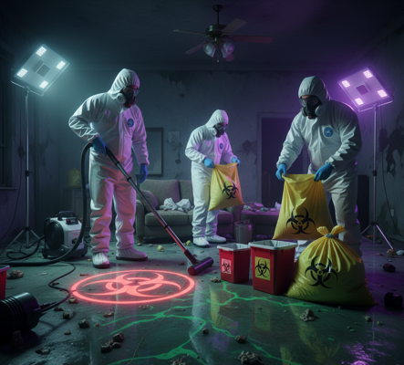 A crew cleaning up biohazard waste.