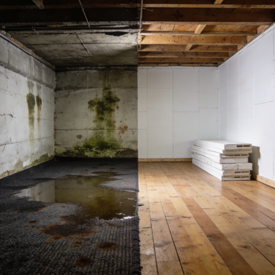 Before and after of a water damaged home.
